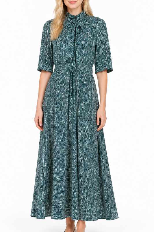 Abito Vintage Donna in Seta – Fantasia Verde, Nero e Bianco – Fiocco al Collo