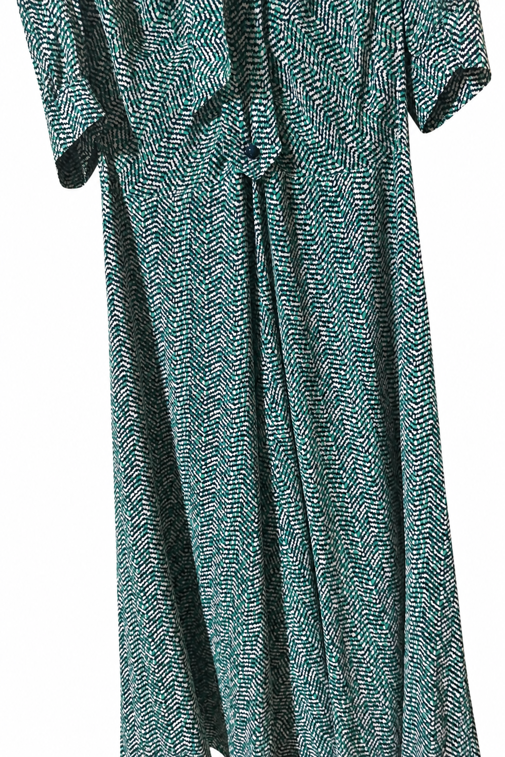 Abito vintage sartoriale in seta con fantasia verde, nero e bianco e fiocco al collo
